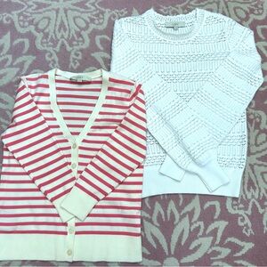 LOFT pink Striped Cardigan and White Textured Sweater. Like new. XS.